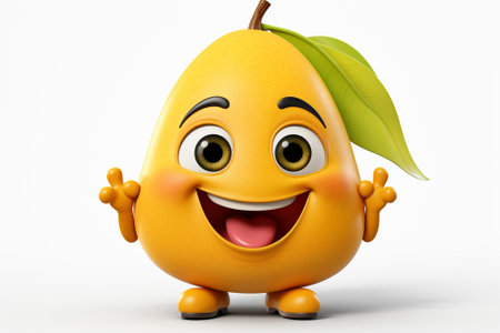 Cartoon character of mango with green leaf on white background. 3d illustrationの素材