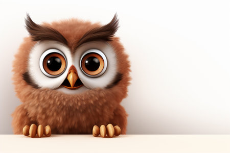cute owl sitting on table and looking at the camera - 3d illustrationの素材