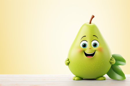 3d render of cartoon pear character with green leaves on yellow backgroundの素材
