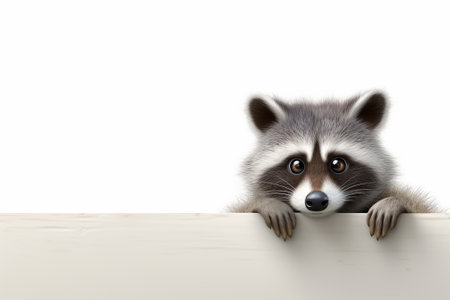 Raccoon peeking out from behind a wooden board isolated on white backgroundの素材