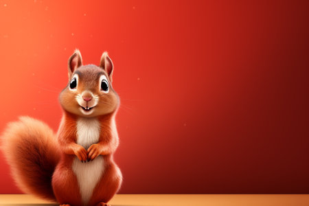 3d rendering of a cute squirrel sitting in front of a red backgroundの素材