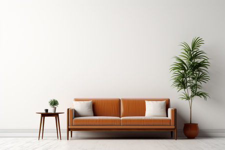 Interior of modern living room with brown sofa, coffee table, plant and white wall. 3d renderの素材