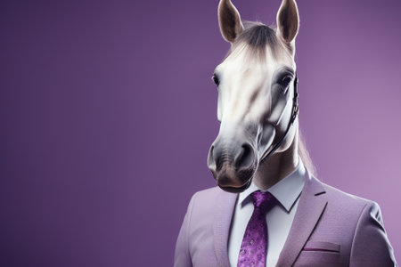 Portrait of a horse in a suit and tie on a purple backgroundの素材