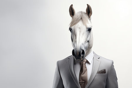 Horse in suit and tie on grey background. Portrait of a horse.の素材