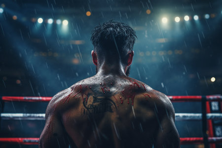 Rear view of shirtless boxer in boxing ring during night.の素材
