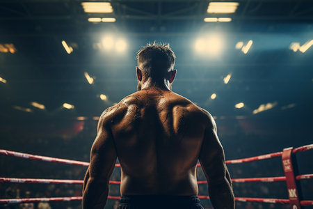 Handsome muscular boxer in boxing ring at the gym. Boxing concept.の素材