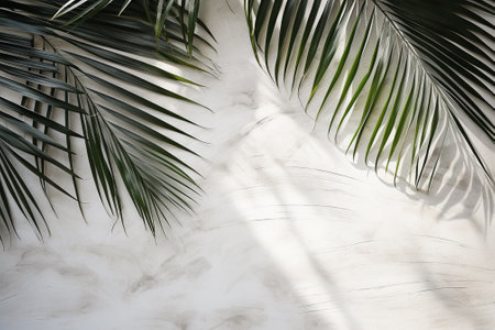 Tropical palm leaves on white marble background. Minimal summer concept.の素材