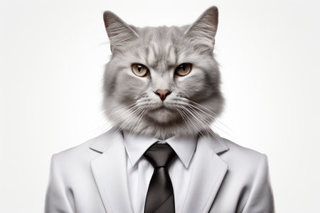 Portrait of a cat in a suit and tie on a white backgroundの素材