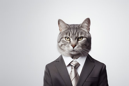 Portrait of a cat in a suit and tie on a white backgroundの素材