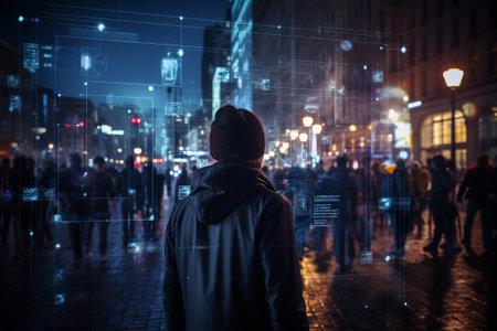 Man walking on the street in the city at night with hologram screensの素材