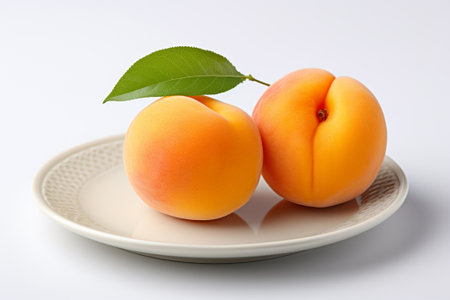Ripe apricots on a plate on a white background.の素材