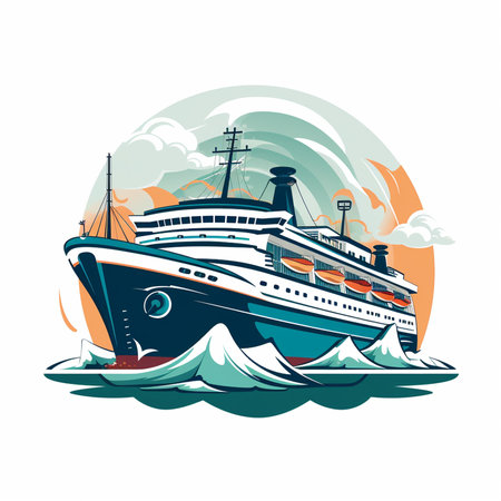 Cruise ship on the sea waves. Vector illustration in flat styleの素材