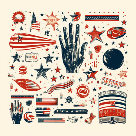 Hand drawn set of american symbols. Vector illustration in retro style.の素材
