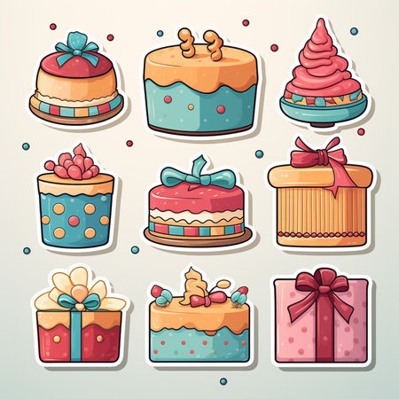 Set of cute cakes and gift boxes. Vector illustration in cartoon style.の素材