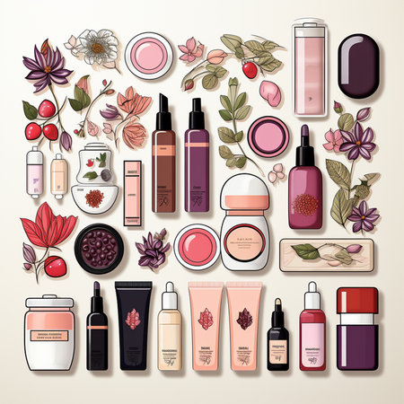 Set of cosmetic products and accessories. Vector illustration in flat style.の素材