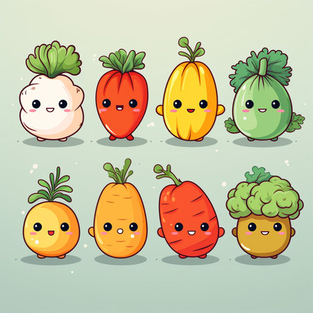 Set of cute kawaii vegetables characters. Cute cartoon vegetables vector illustration.の素材