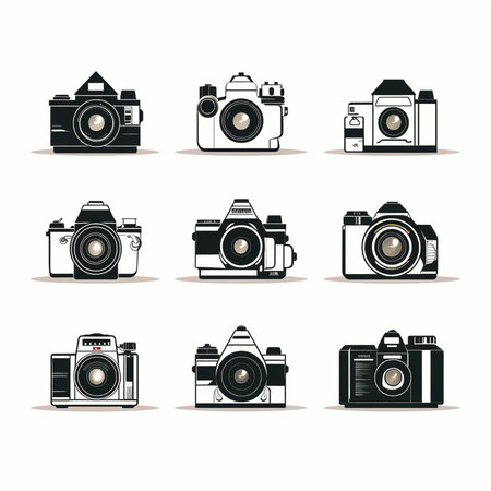 Set of vintage camera icons. Vector illustration in flat design style.の素材