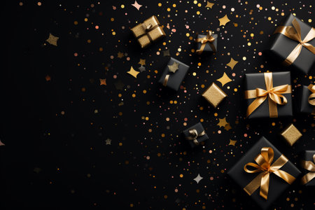Black gift boxes and golden confetti on black background. Top view with copy space.の素材