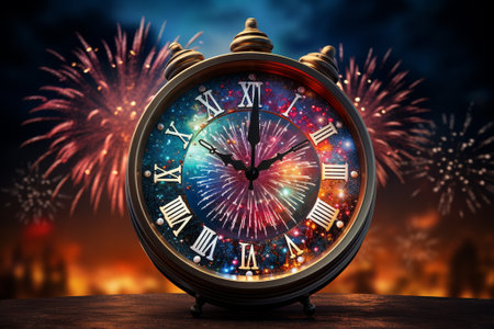 Vintage clock against fireworks exploding over night cityscape. Time concept Happy new yearの素材