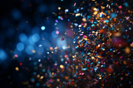 Colorful confetti on black background. Festive background with bokeh defocused lights Happy new yearの素材