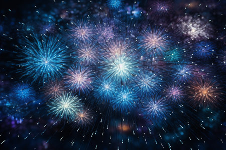Colorful fireworks background with bokeh defocused lights and stars Happy New yearの素材