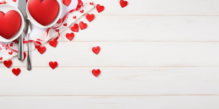 Valentine's day background. Red hearts on wooden table.の素材