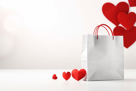 Paper shopping bag with red hearts. Valentine's day concept. 3D Rendering happy valentine dayの素材