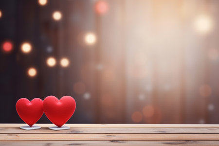 Two red hearts on wooden table with bokeh background. Valentines day conceptの素材