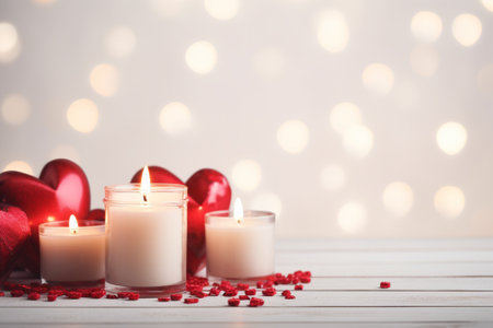 Burning candles and hearts on white wooden table against defocused lights happy valentine dayの素材