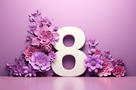 Number 8 decorated with flowers. 3d render. Pink background.の素材