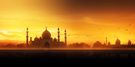 Silhouette of Taj Mahal at sunrise, Agra, Indiaの素材