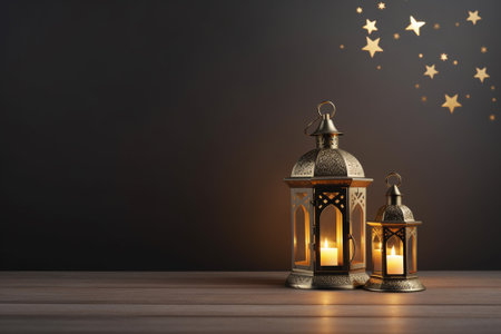 Lantern with burning candles on wooden table against dark background. Ramadan Kareem celebrationの素材
