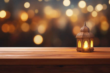 Lantern on wooden table over bokeh background. Ramadan Kareem conceptの素材