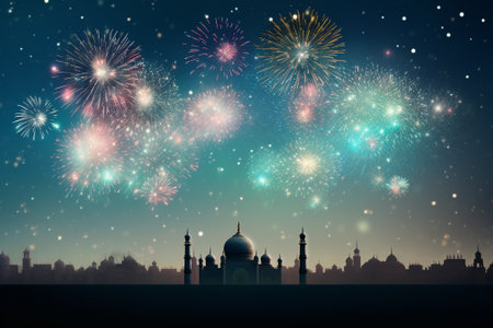 Colorful fireworks over the city at night with mosque silhouette, vector illustrationの素材
