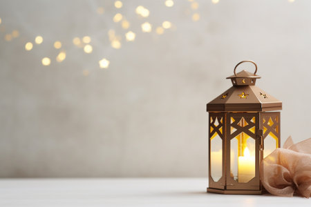 Beautiful Christmas lantern on wooden table against blurred lights, space for textの素材