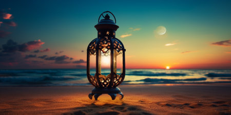 Lantern on the beach at sunset. Travel and vacation conceptの素材