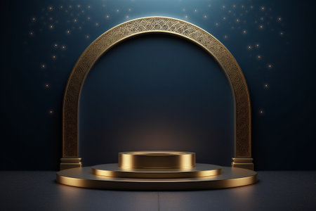 3d rendering of gold podium on blue background. Luxury pedestal for product presentation.の素材