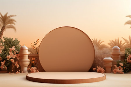 3d rendering of podium for product presentation in desert with palm trees.の素材