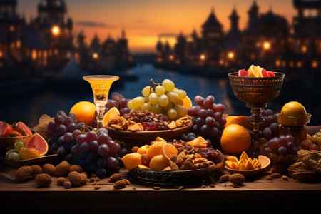 Still life with fruits and wine on the background of the night cityの素材