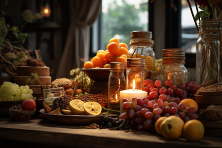 Still life with fruits and candles on a rustic wooden table.の素材