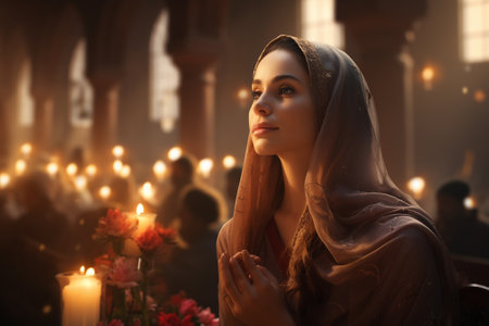 Portrait of a beautiful young woman in the church with candles in the backgroundの素材
