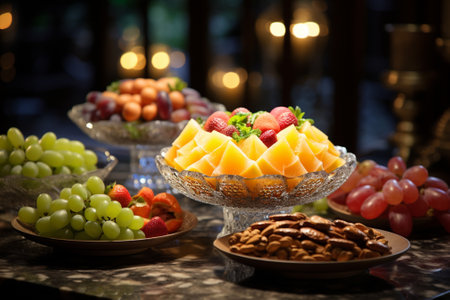 Fruit salad in glass bowl with strawberries, grapes and almonds.の素材