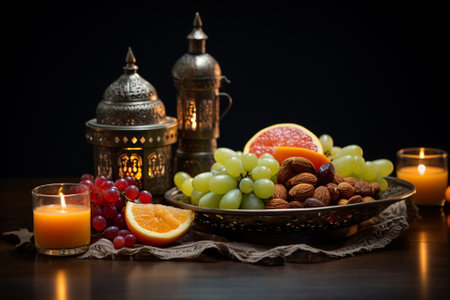 Still life with fruits and candles on wooden table. Selective focusの素材
