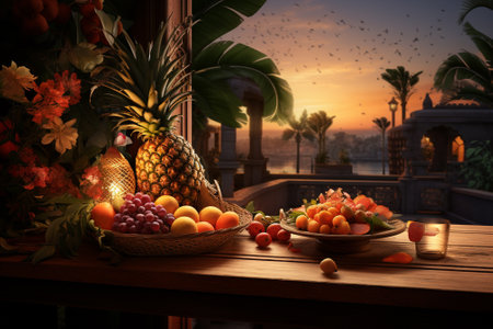 Fruits on a wooden table in a restaurant with palm trees in the backgroundの素材