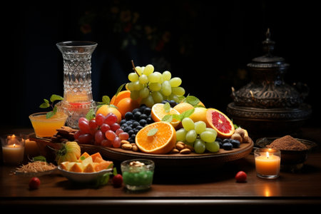 Still life with fruits and candles on wooden table. Selective focusの素材