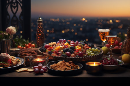 Table served for wine with fruits and snacks on the background of the night cityの素材