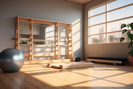 Interior of modern yoga studio with wooden walls, wooden floor and gray yoga mat. 3d renderingの素材