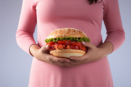 Woman with hamburger on grey background, closeup. Dieting conceptの素材