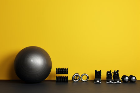3d rendering of fitness equipment and black ball on a yellow backgroundの素材