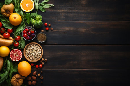 Healthy food background. Fruits and vegetables on dark wooden table. Top view with copy spaceの素材